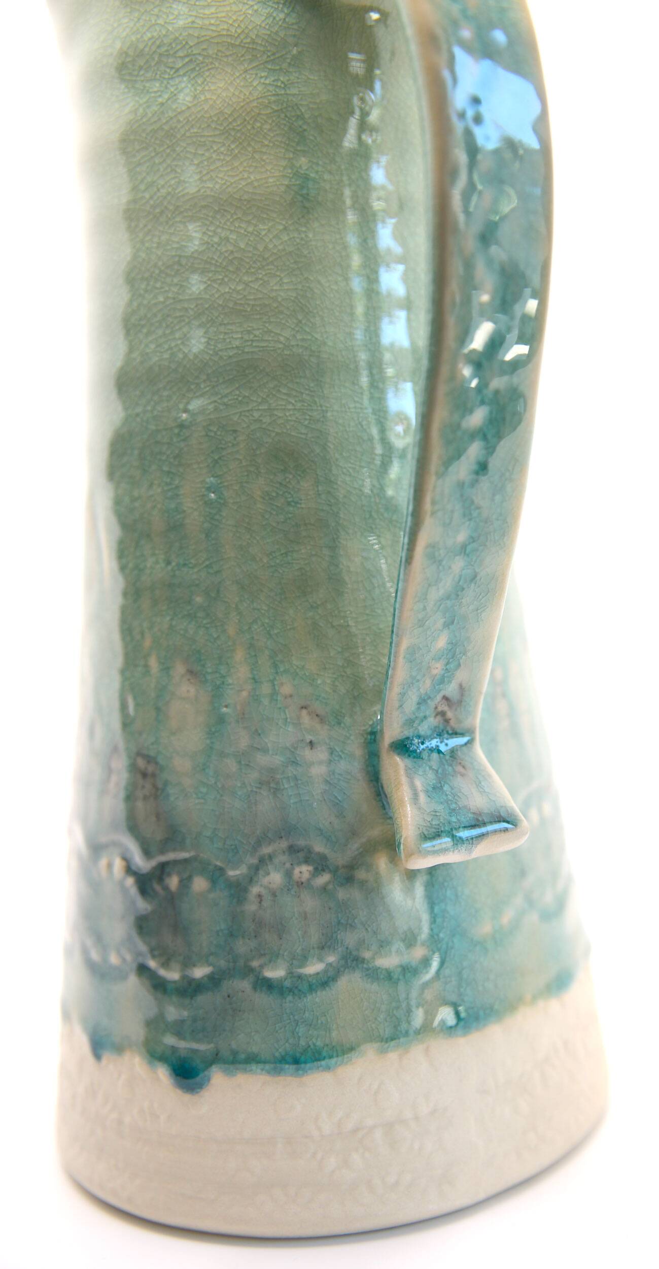 Handcrafted XL pitcher in mint green enameled stoneware