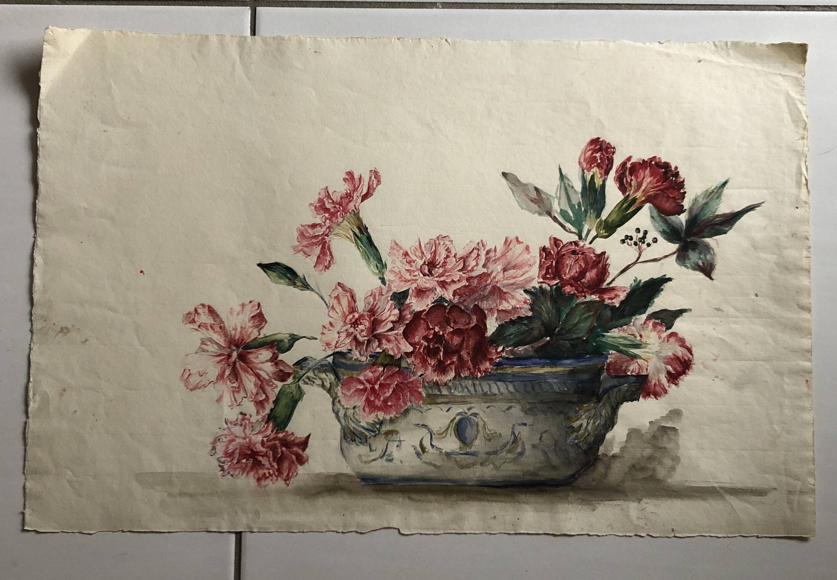 Gouache on paper - bouquet of carnations