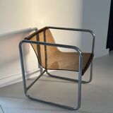Armchair in chrome tubular metal and smoked plexiglass