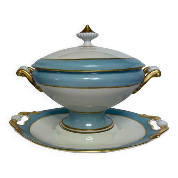 Limoges, Soupière sur présentoir porcelaine début XXème
