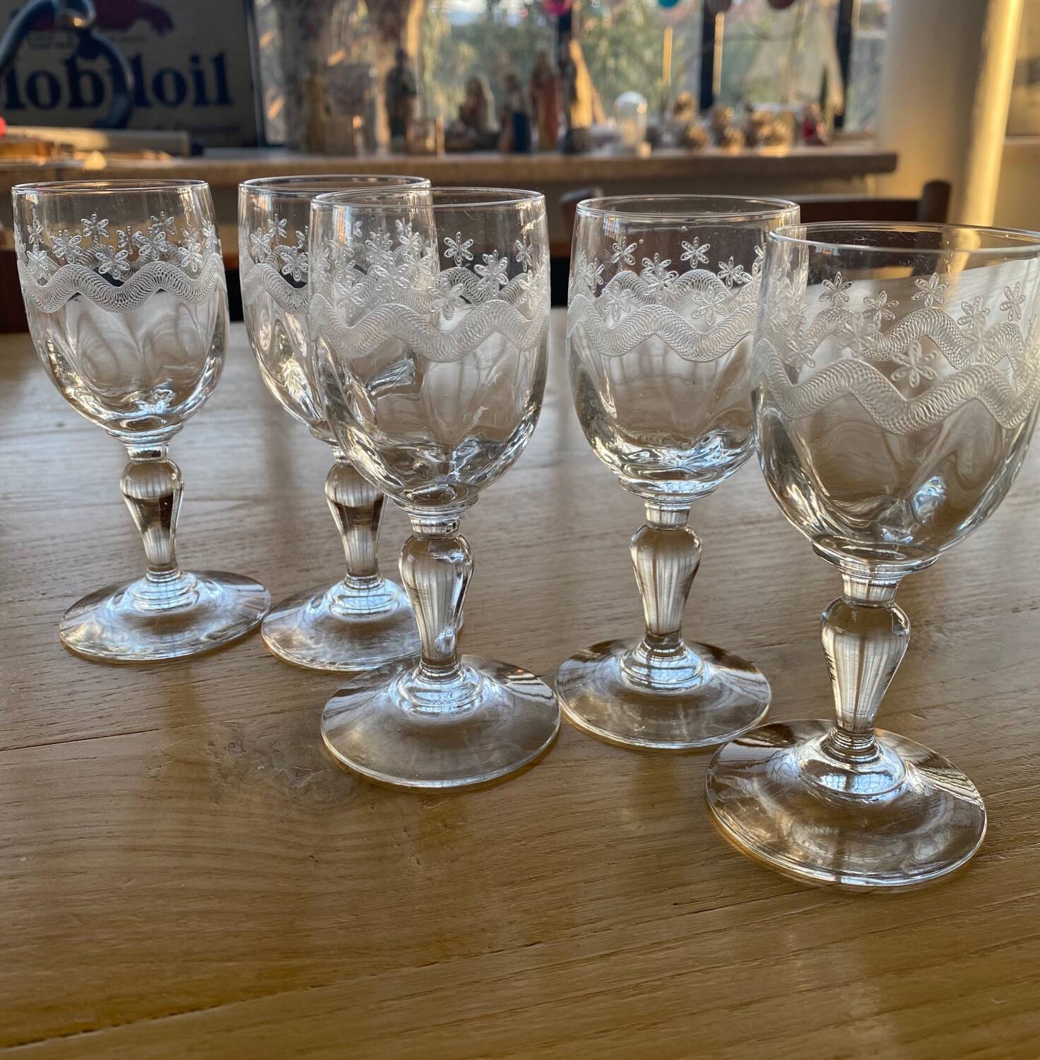 5 engraved port stemmed glasses