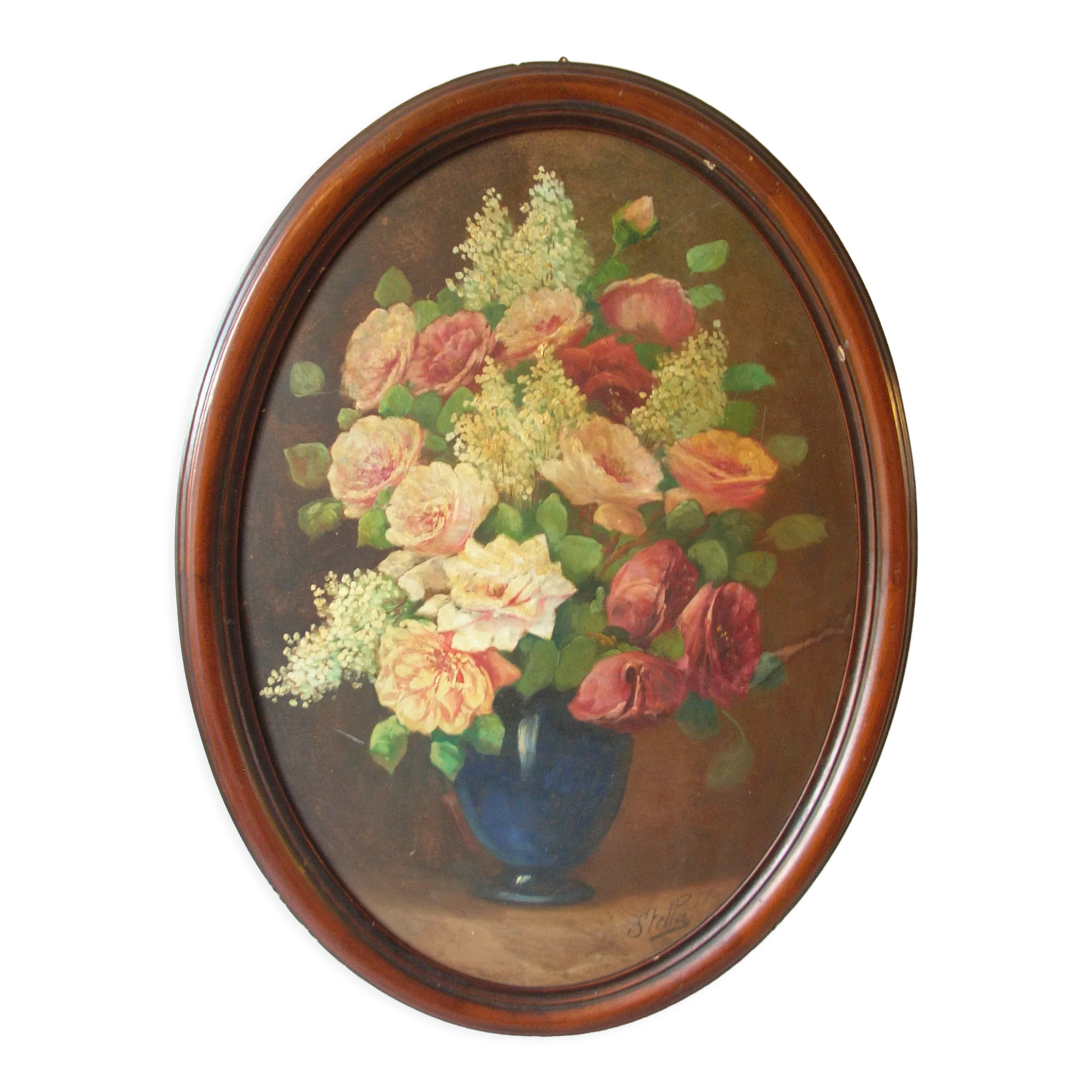 Painting on wood large bouquet of flowers signed stella 78 cm