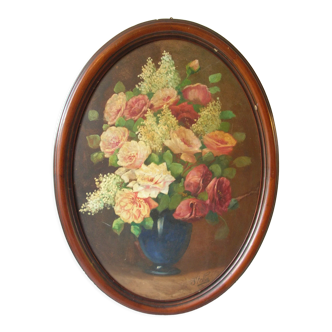 Painting on wood large bouquet of flowers signed stella 78 cm