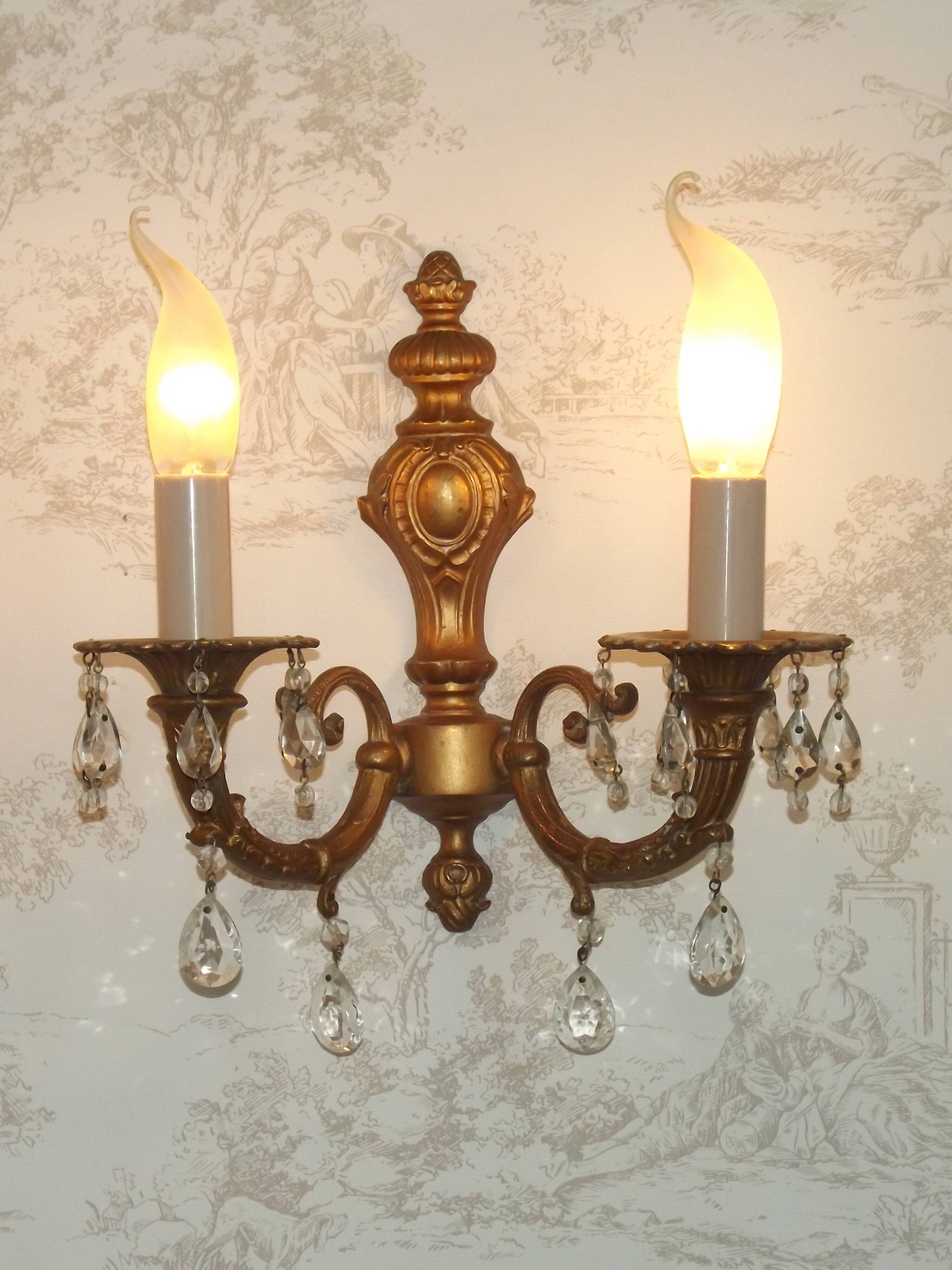 Pair French Vintage Bronze Double Wall Lights Assorted Crystal Drops 5352