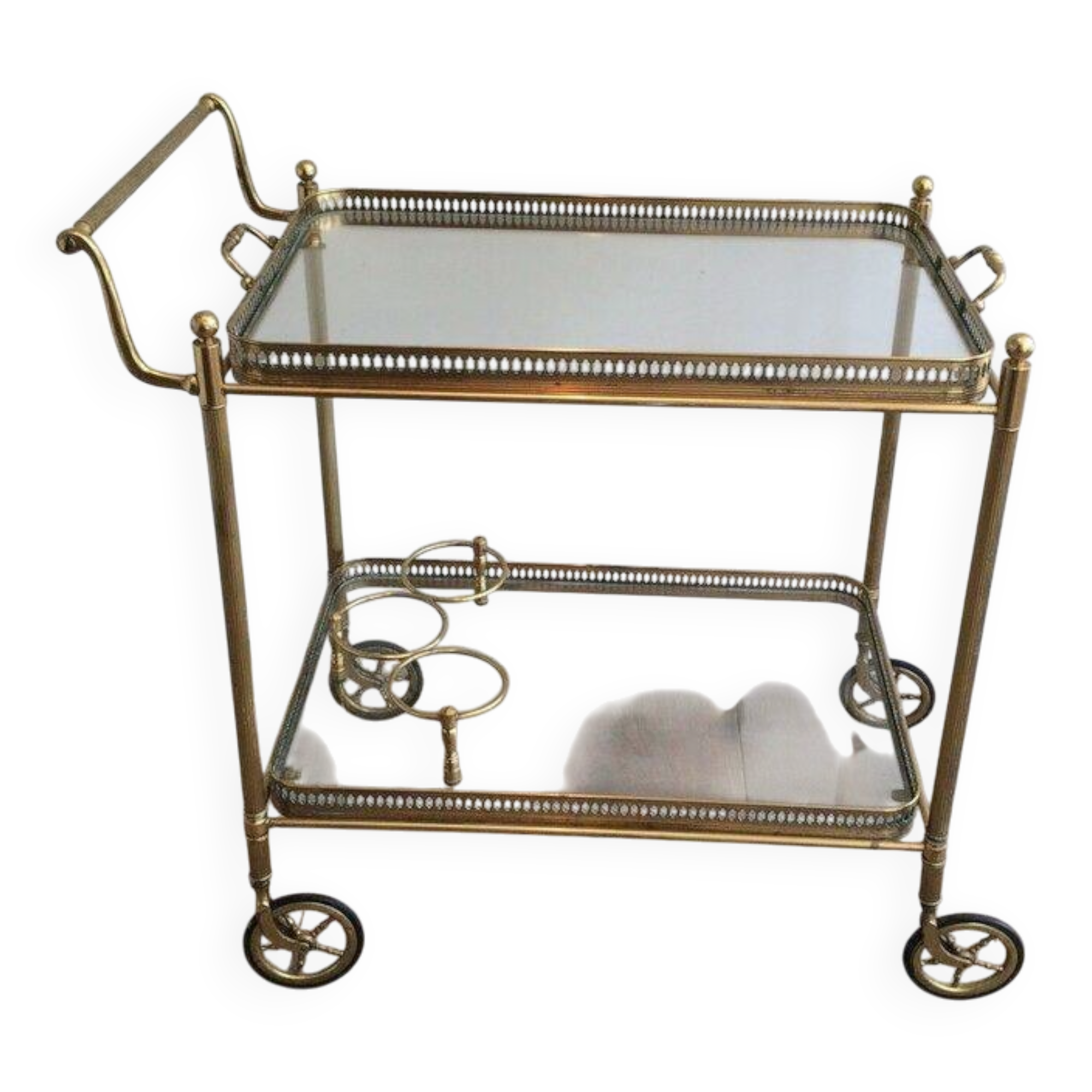 Neoclassical brass trolley with removable trays.