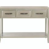 Rustic Ash Grey 3-Drawer Console Table with Storage Shelf in Solid Elm Wood