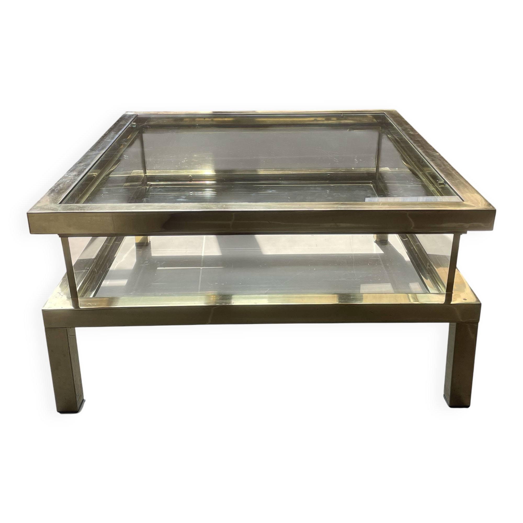 Vintage 1970s coffee table brass chrome Maison Jansen style with a top cover.