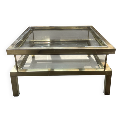 Table basse vintage années 70 laiton chrome style Maison Jansen plateau cou