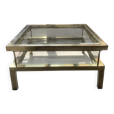 Table basse vintage années 70 laiton chrome style Maison Jansen plateau cou