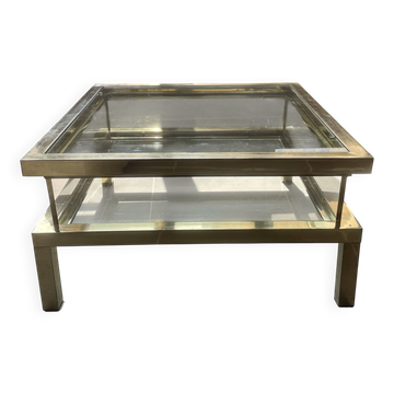 Table basse vintage années 70 laiton chrome style Maison Jansen plateau cou