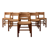 Vintage set of six French mid-century dining chairs in wood and rush, 1960s