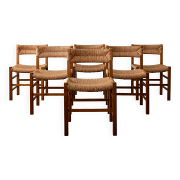 Vintage set of six French mid-century dining chairs in wood and rush, 1960s