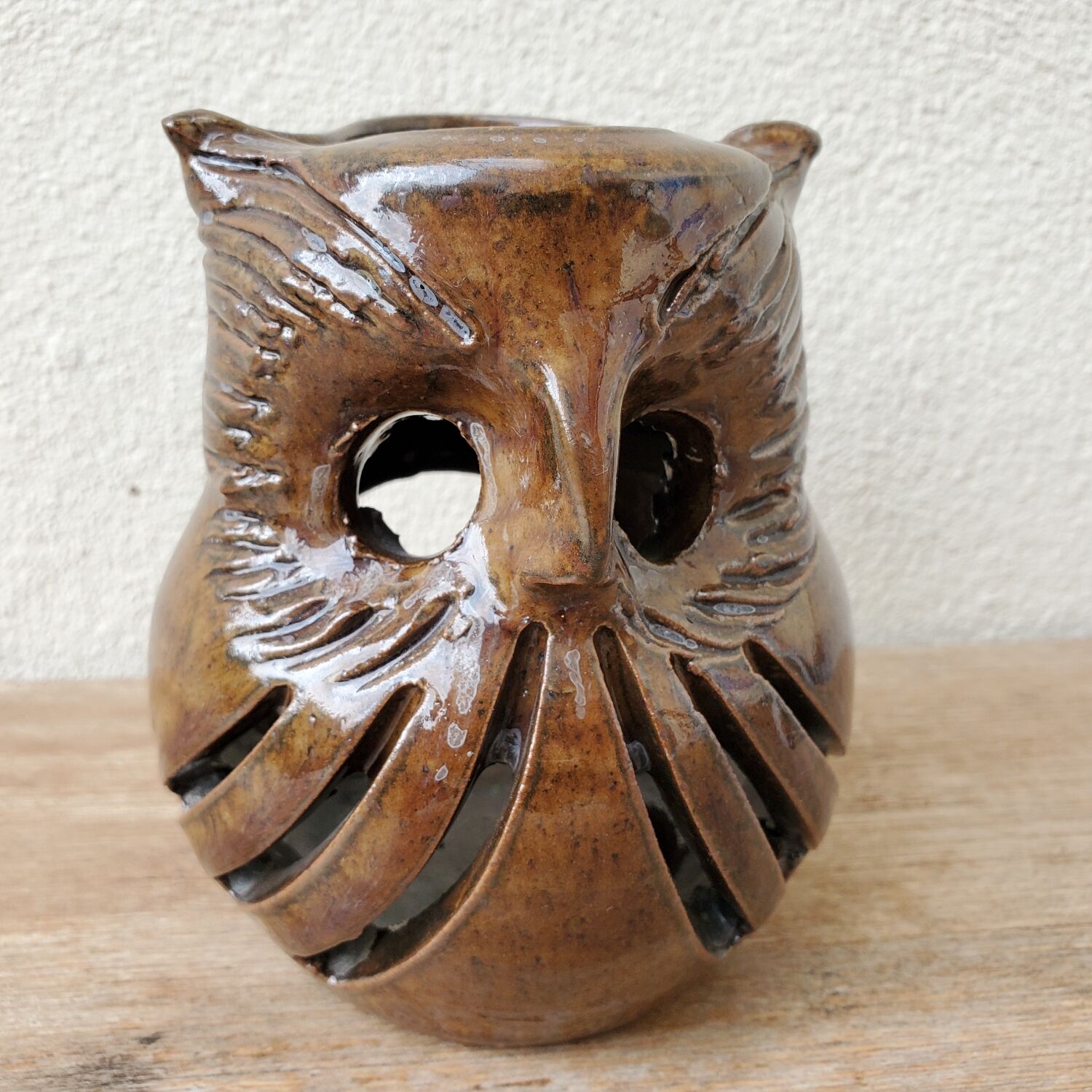 Stoneware owl candle holder