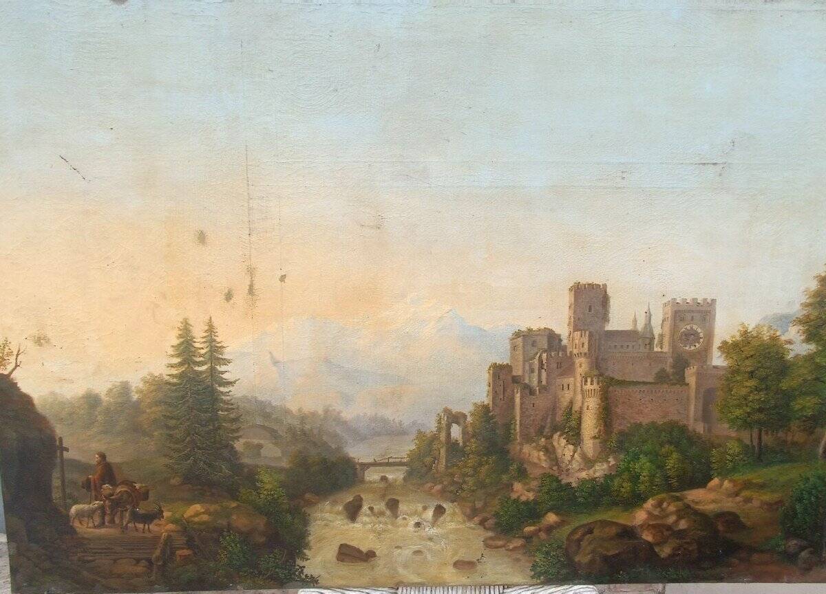 Large Antique Castle Landscape Painting, Oil On Canvas Signed Kraft 1850