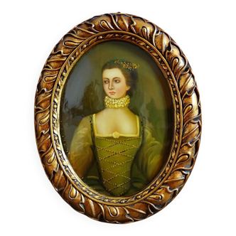 Large domed medallion portrait painting oil on wood Florentine style vintage