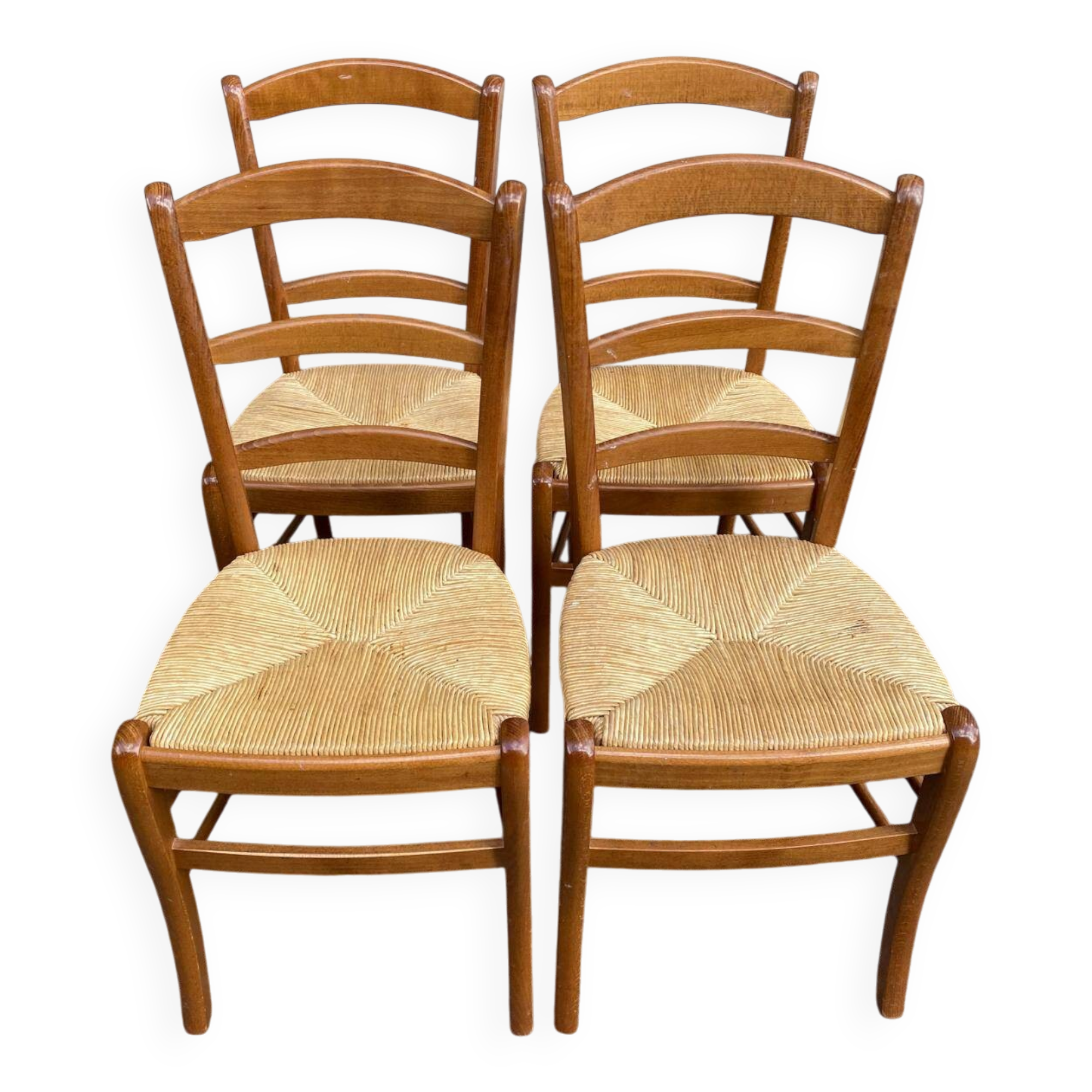 Lot de 4 chaises campagnard bois massif paillées 1980