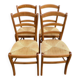 Lot de 4 chaises campagnard bois massif paillées 1980