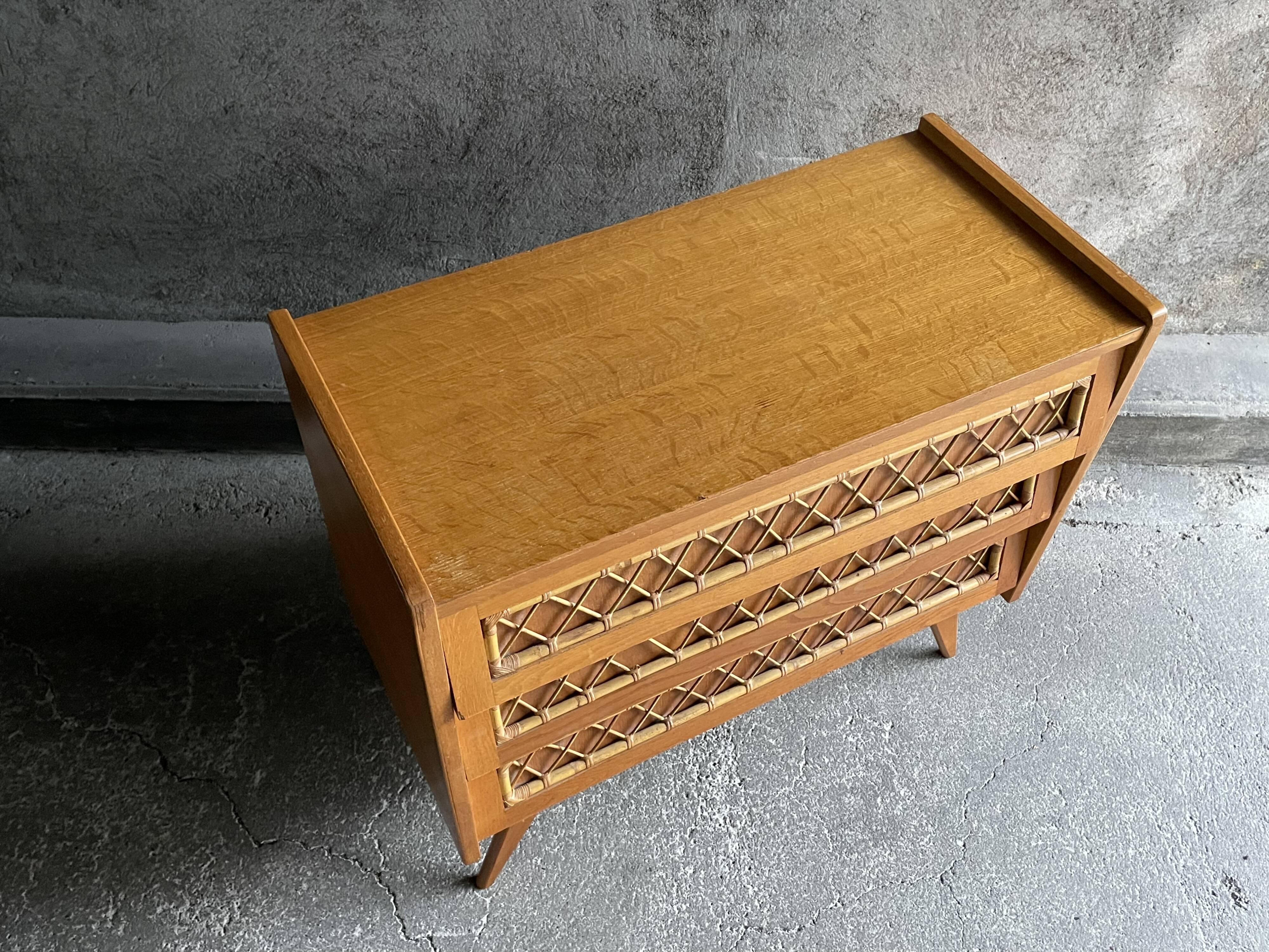 3-drawer chest of drawers with rattan decorations, France 1970s
