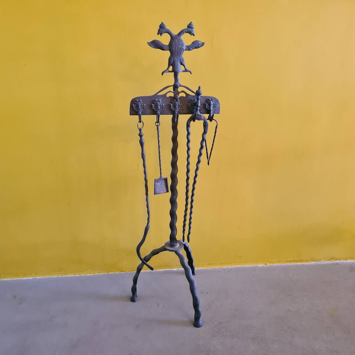 Dutch Brass Fireplace Set With Double Eagle Head, Late 19th Century