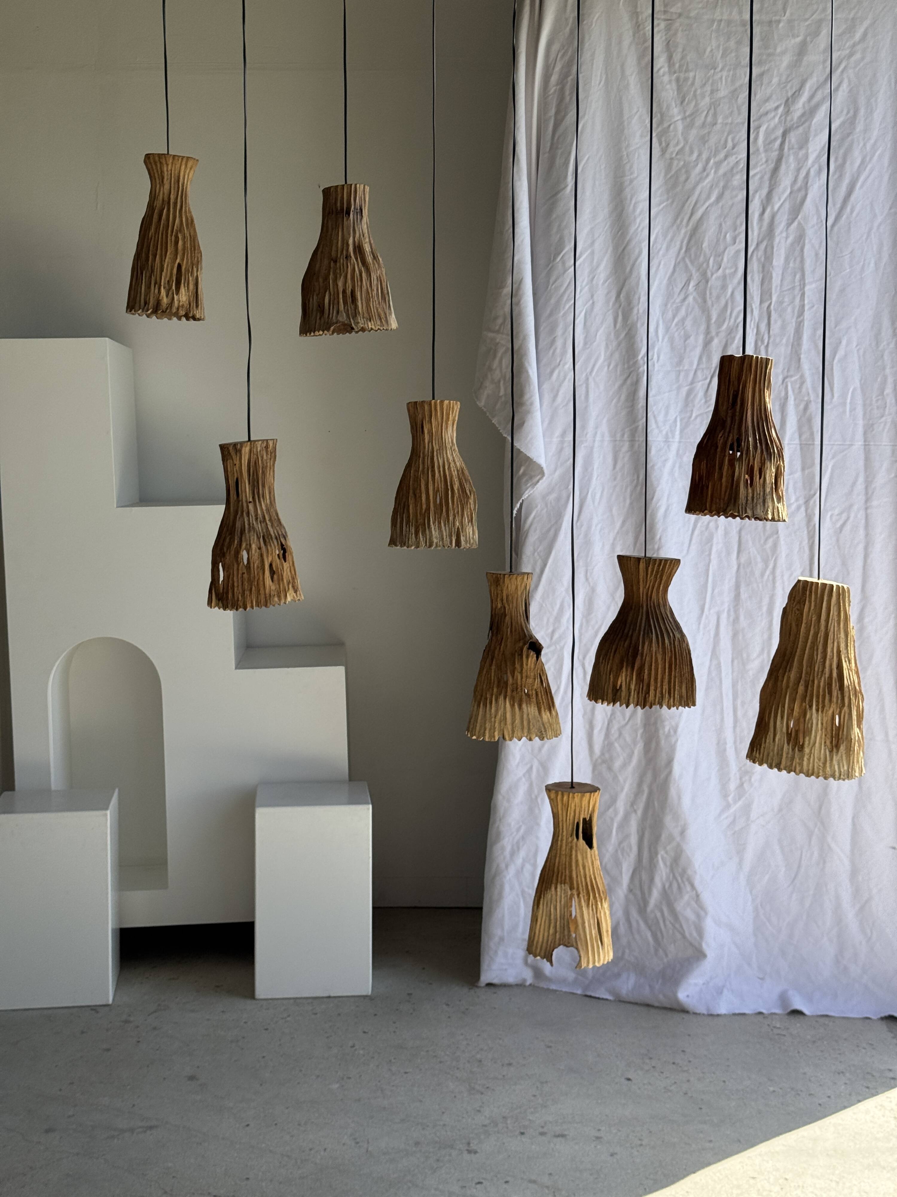 Suspension or lampshade in natural organic teak, tubular, H30 D22.