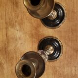 Pair of brass + marble or stone candlesticks