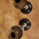 Pair of brass + marble or stone candlesticks