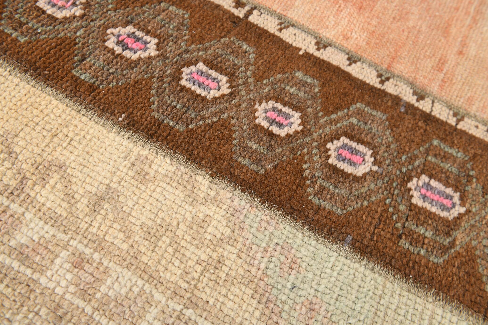 2x6 Turkish Short Brown Handmade Vintage Runner Rug, 64x174Cm