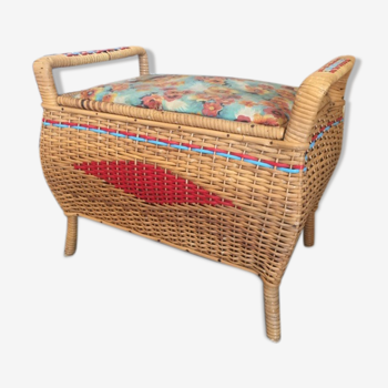 Bench trunk in rattan and vintage scoubidou