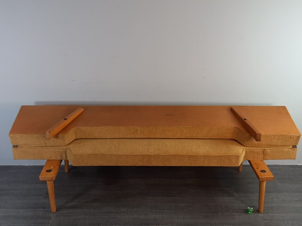 Sofa and daybed in beech and mustard fabric by Miroslav Navratil, vintage Czechoslovakia 1960s