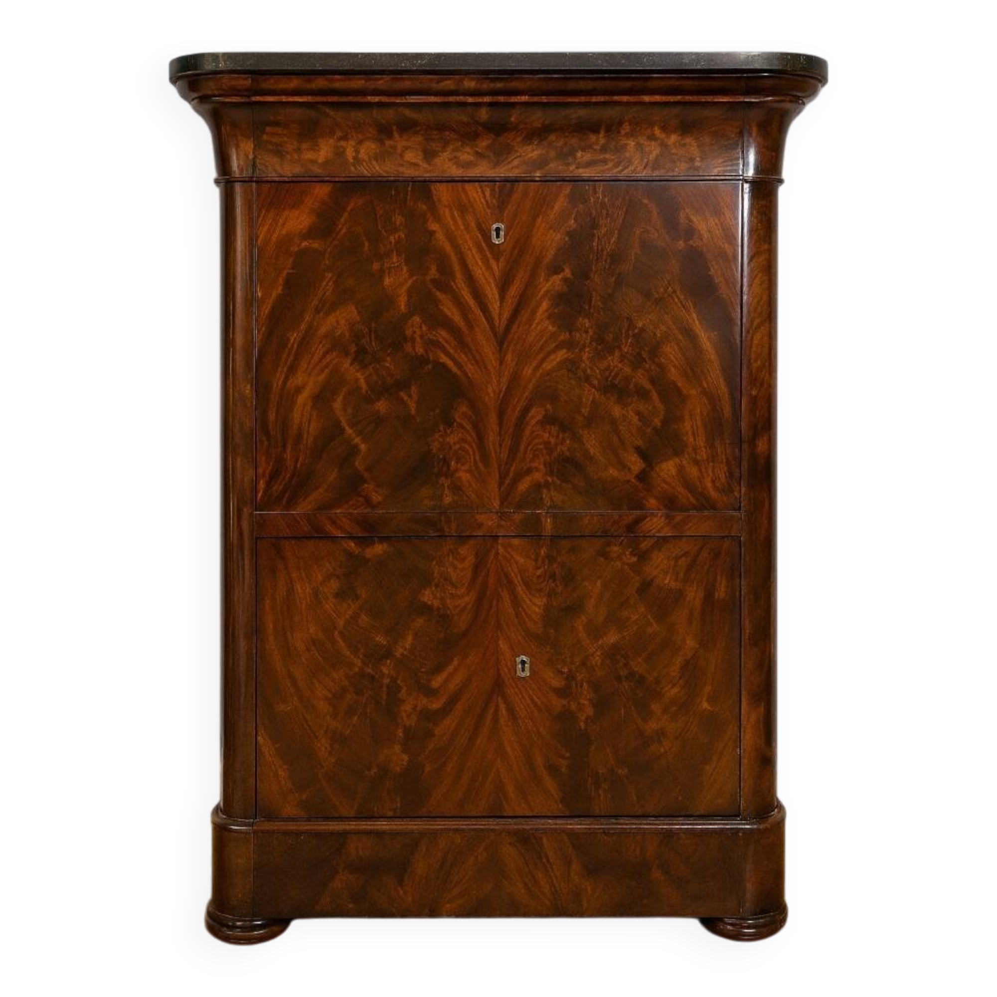 Flamed mahogany secretary from the Restoration period.