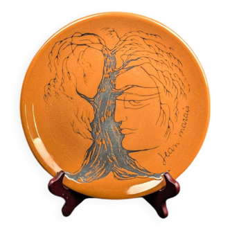 Glazed ceramic plate signed Jean Marais face & tree Vallauris