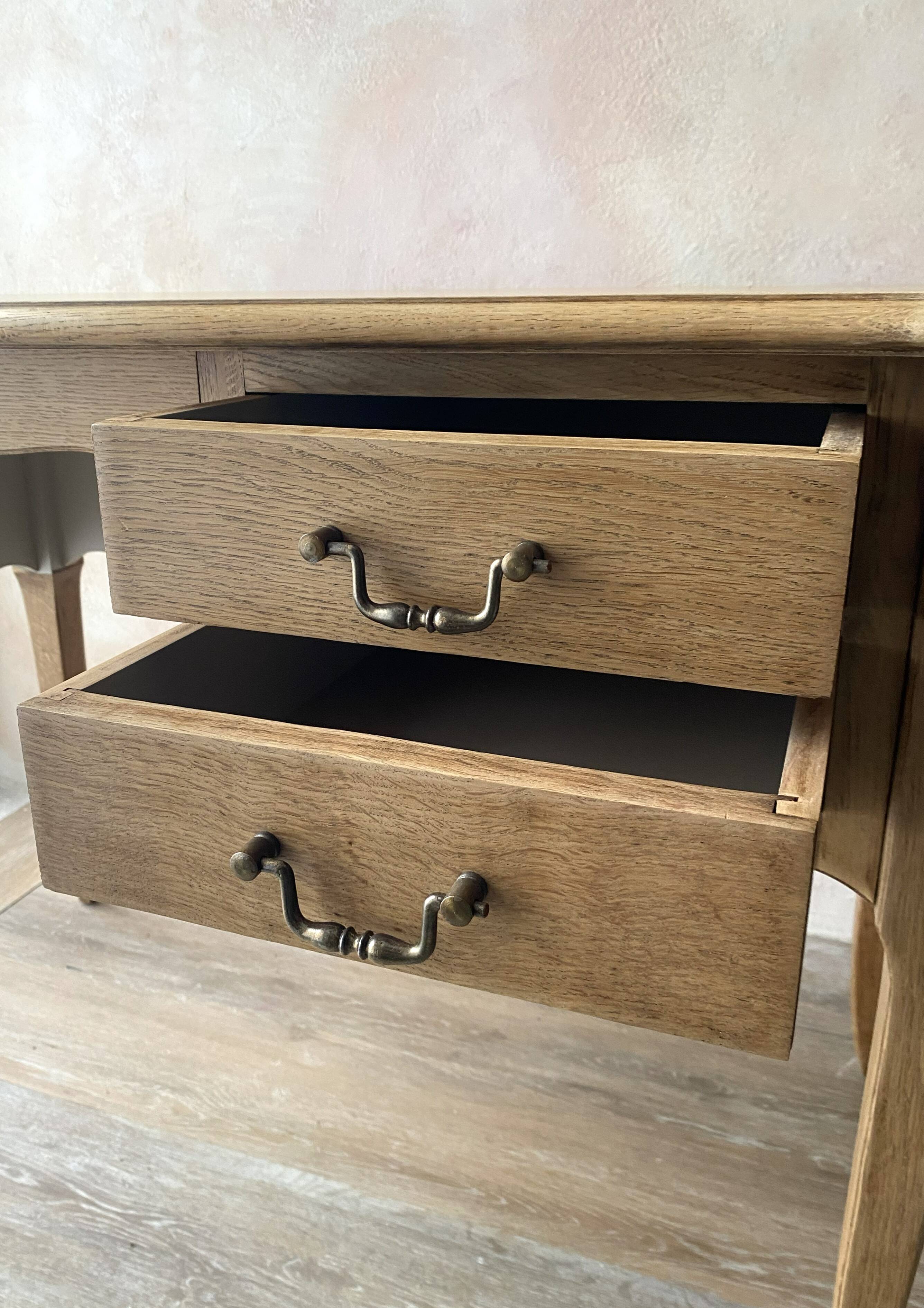 Antique 2-drawer desk in raw wood and beige, renovated.