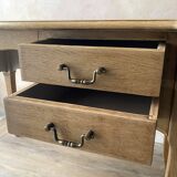 Antique 2-drawer desk in raw wood and beige, renovated.