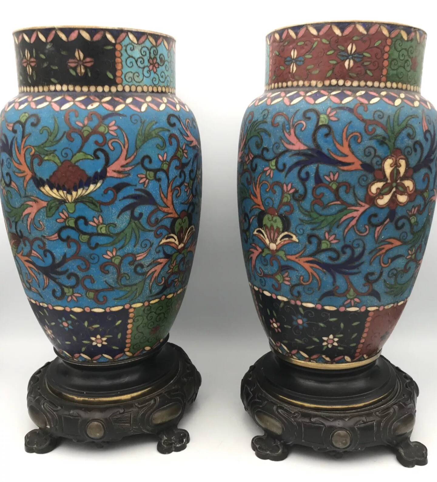 PAIR of Cloisonné Ceramic VASES, Floral Decoration, Bronze Base