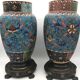 PAIR of Cloisonné Ceramic VASES, Floral Decoration, Bronze Base