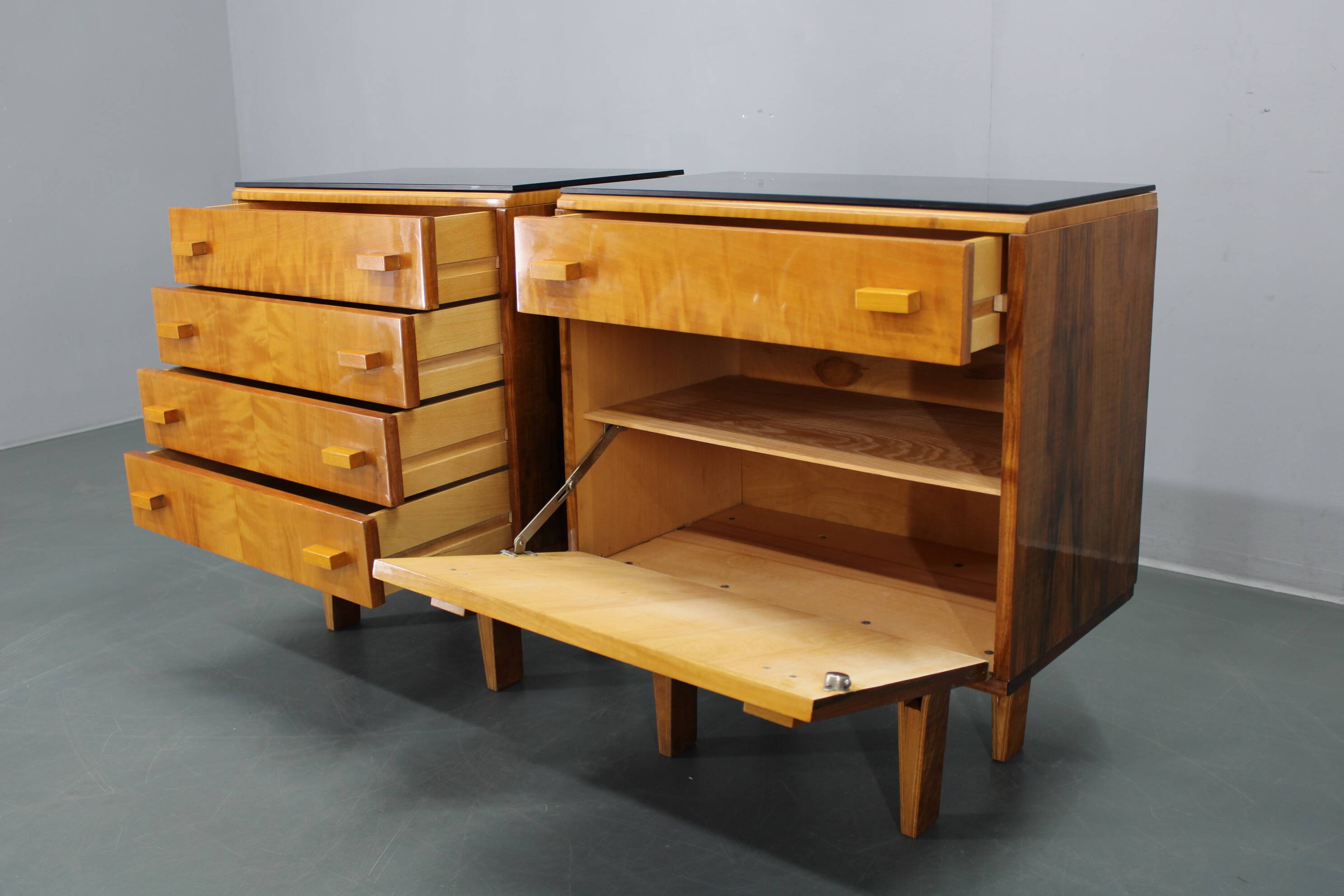 1960s František Mezulaník mid-century maple nightstands with black glass tops