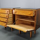 1960s František Mezulaník mid-century maple nightstands with black glass tops
