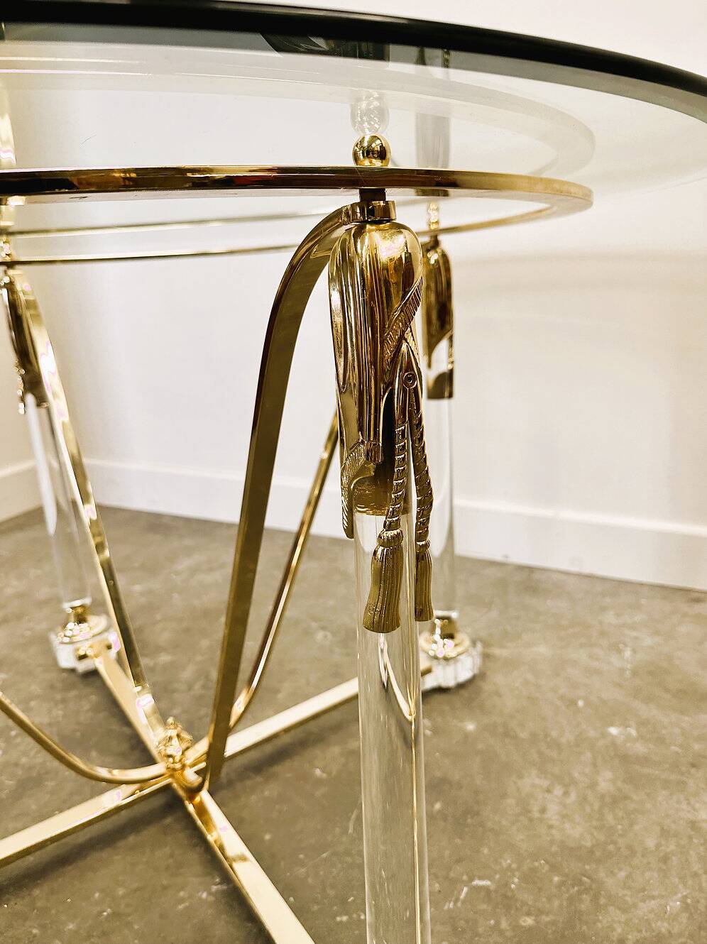 Brass and lucite dining table with beveled glass top, Italy 1980s.