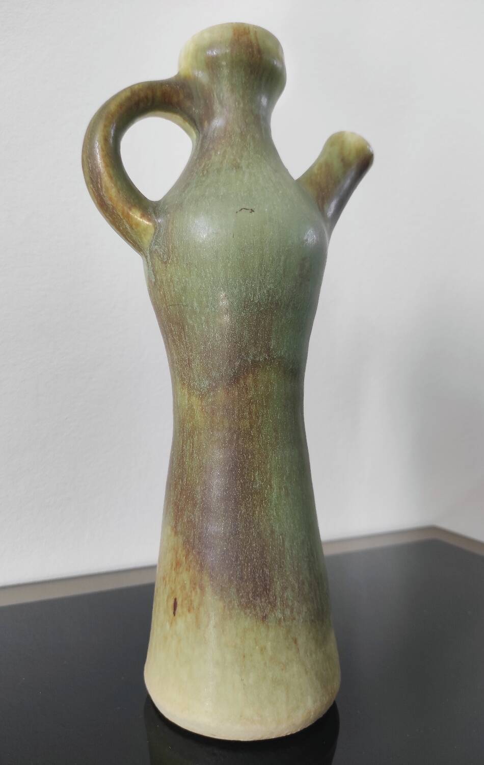 Pichet / Soliflore vintage en céramique flammée – Vert olive & Brun (A