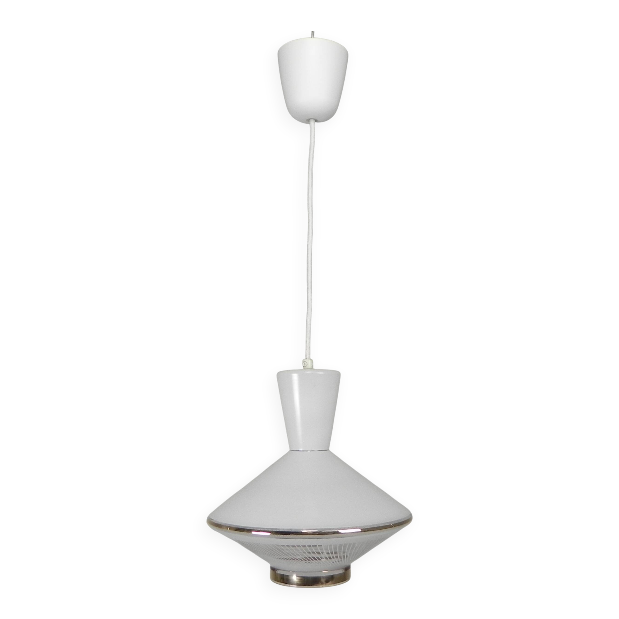 UFO-shaped pendant lamp with white glass on top and clear glass with white