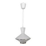 UFO-shaped pendant lamp with white glass on top and clear glass with white