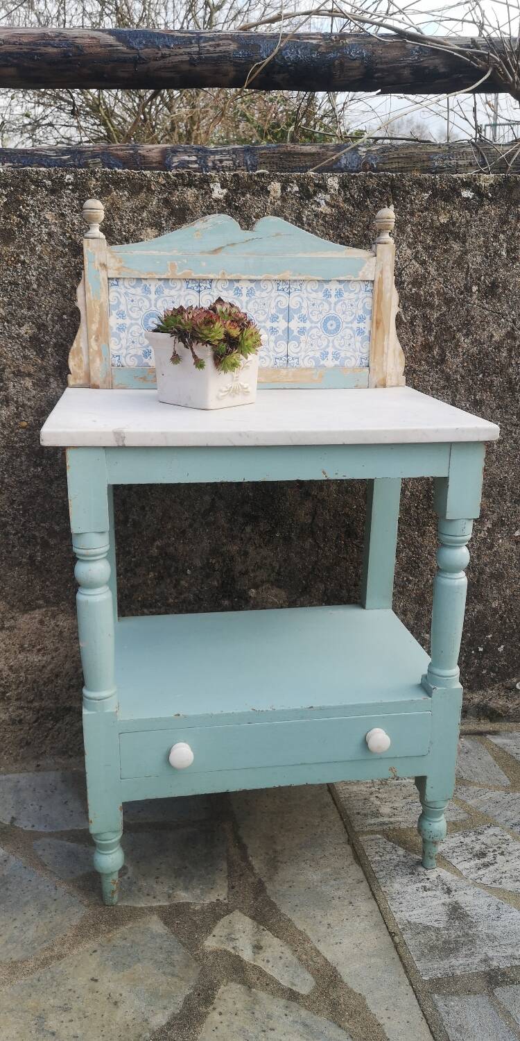 Shelf, sky blue patinated toilet console