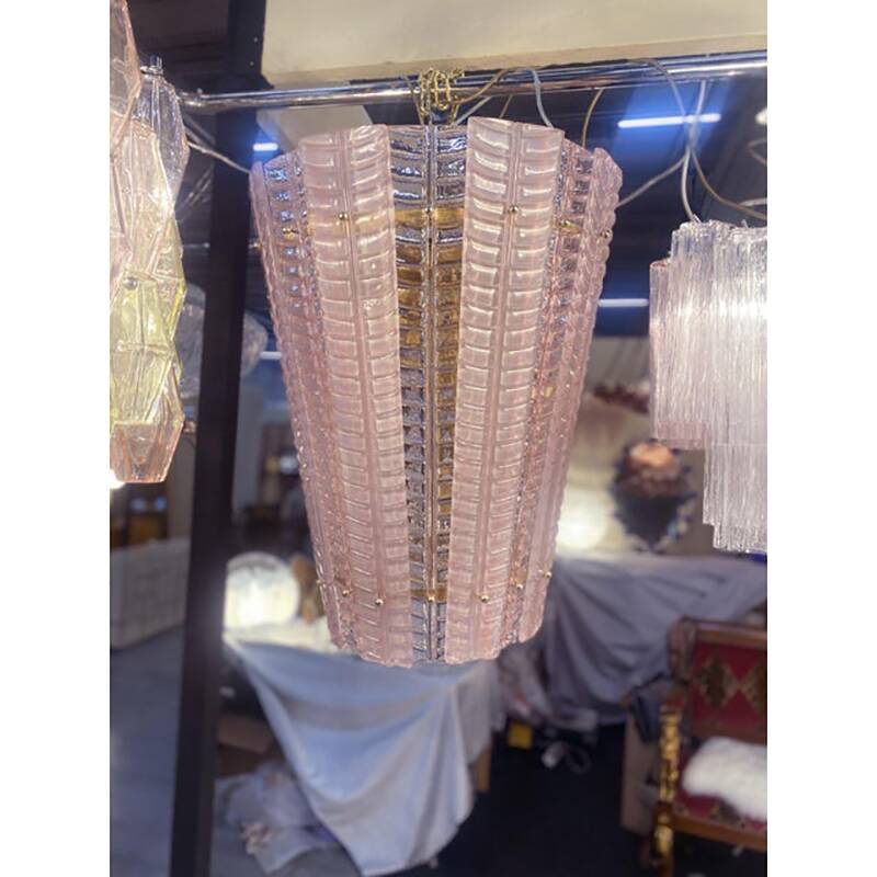 Lantern in Pink Transparent and Sanded Murano Glass in Barovier E Toso Style