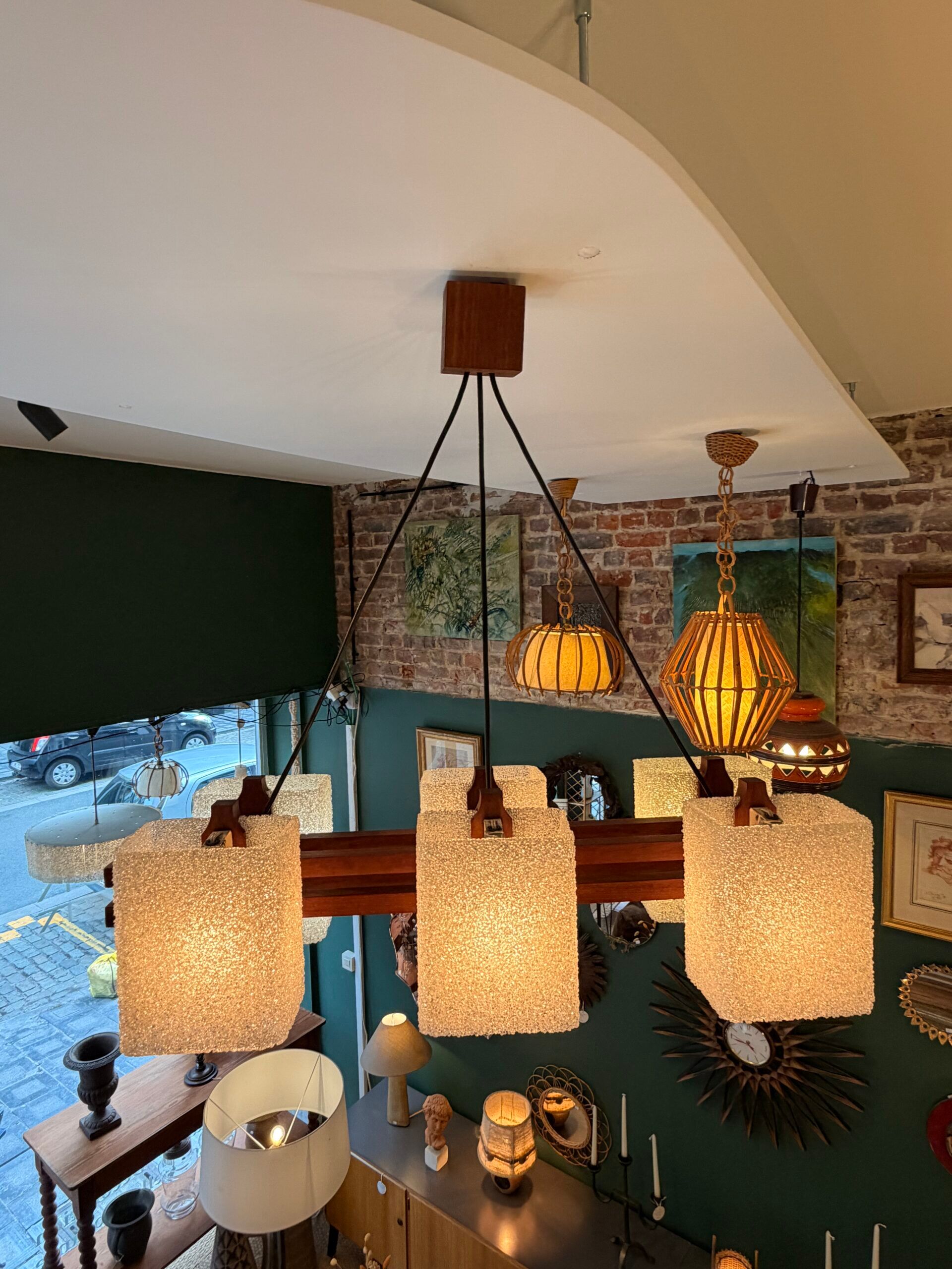 1960s Scandinavian suspension light in teak and perspex.