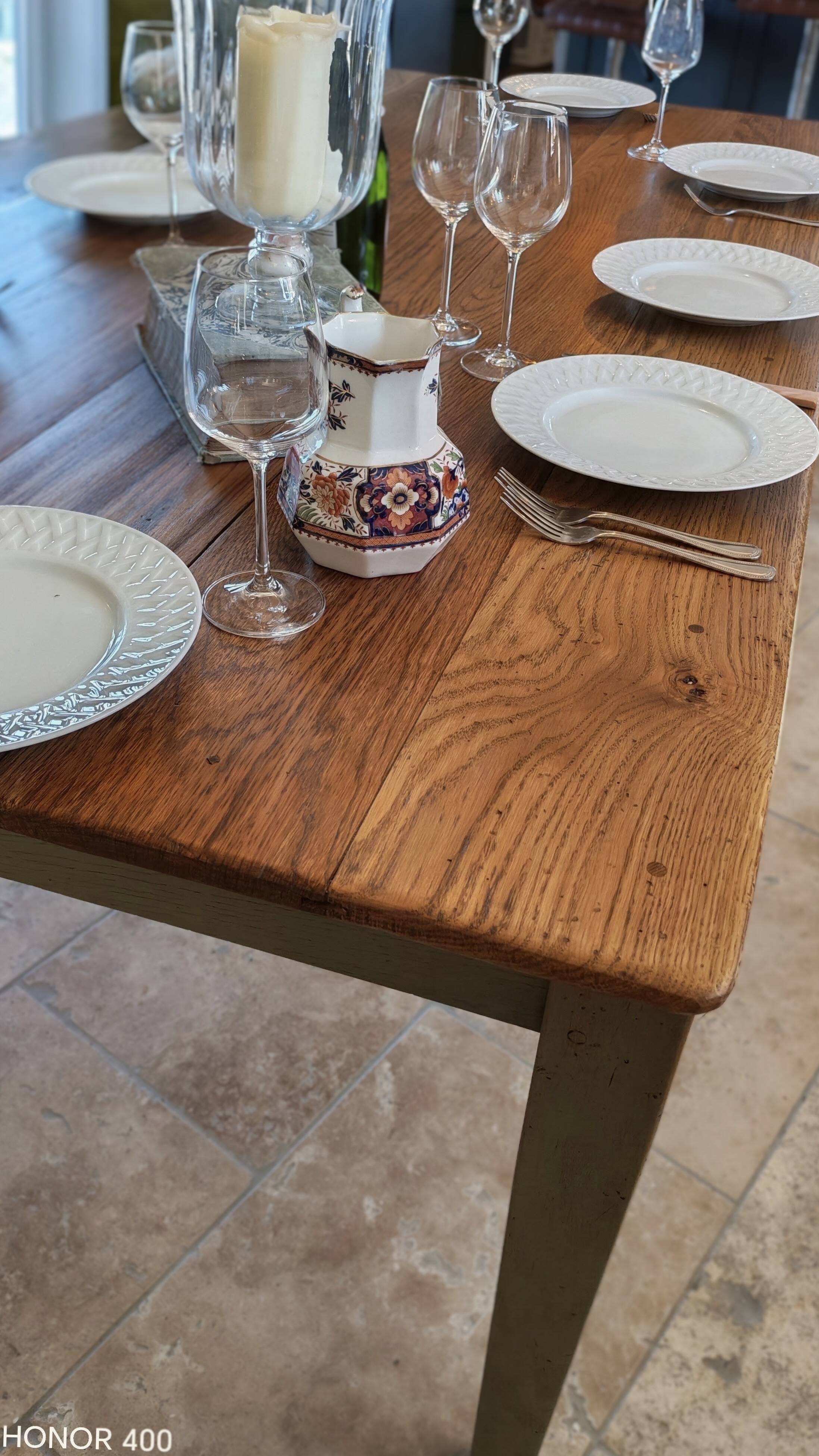 Table de ferme en chêne massif ,2 tiroirs, 2 rallonges,
