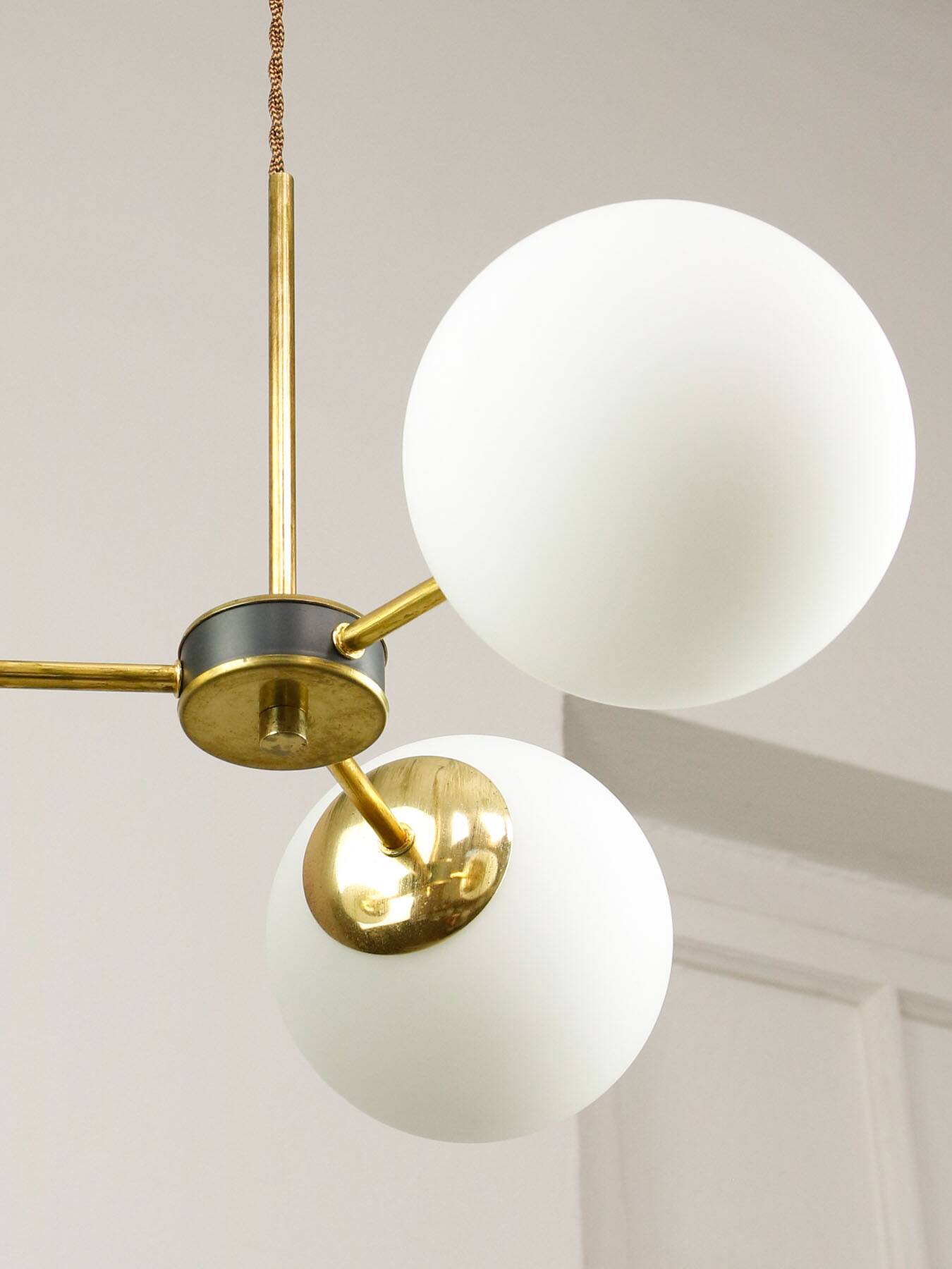 Mid-Century Modern Italian Chandelier in Brass and Opaline Glass, 1960s