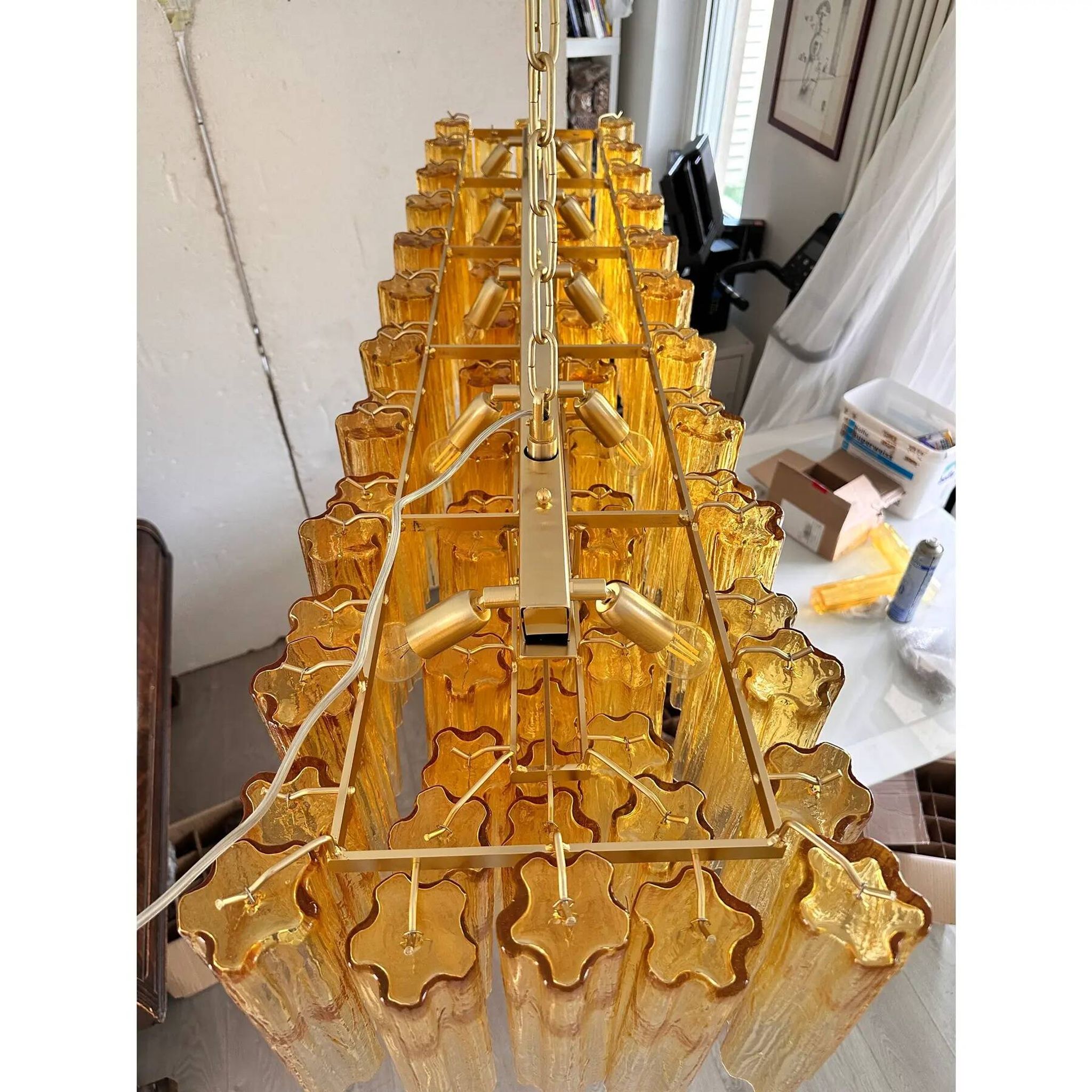 Contemporary Rectangular Luxury "Tronchi" Murano Glass Gold Chandelier
