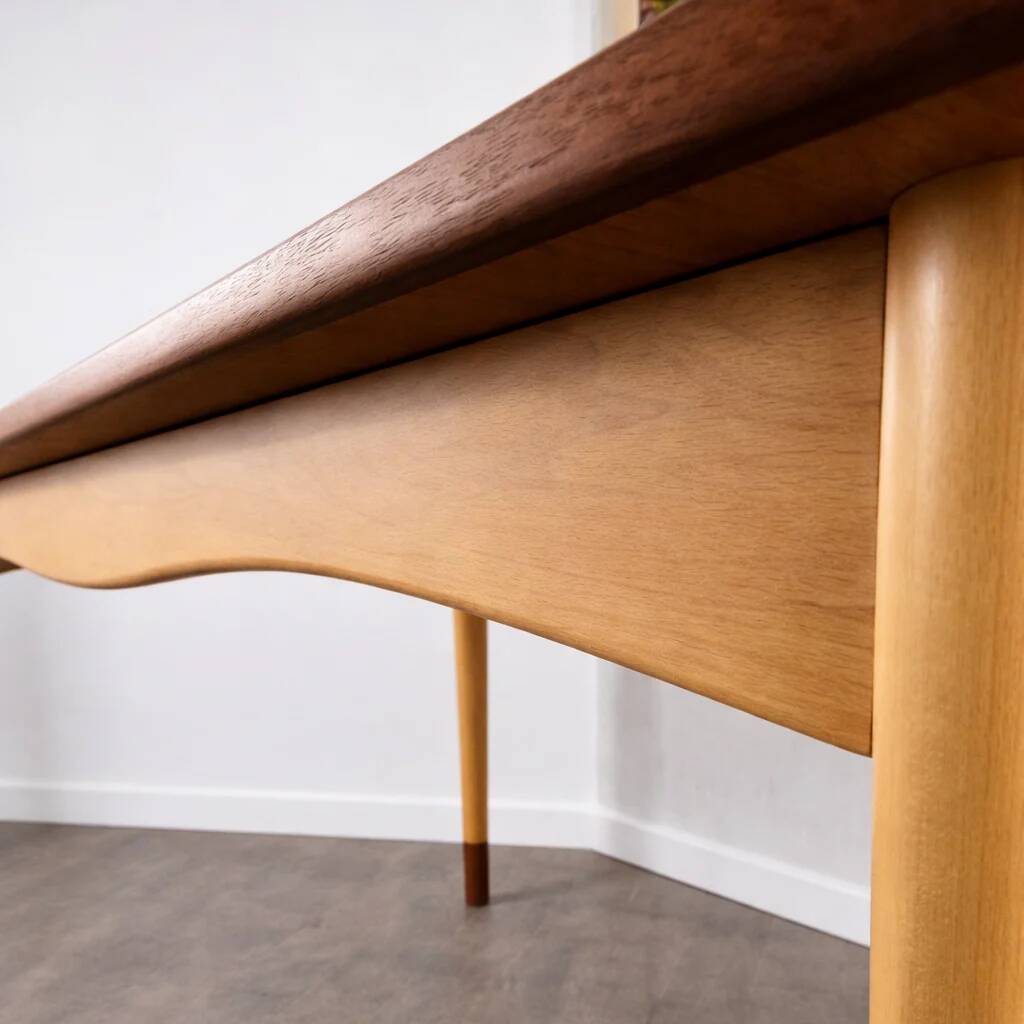 Rare teak and maple dining table with 2 extensions by Finn Juhl for Bovirke, Denmark, 1950.