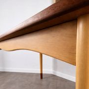 Rare teak and maple dining table with 2 extensions by Finn Juhl for Bovirke, Denmark, 1950.