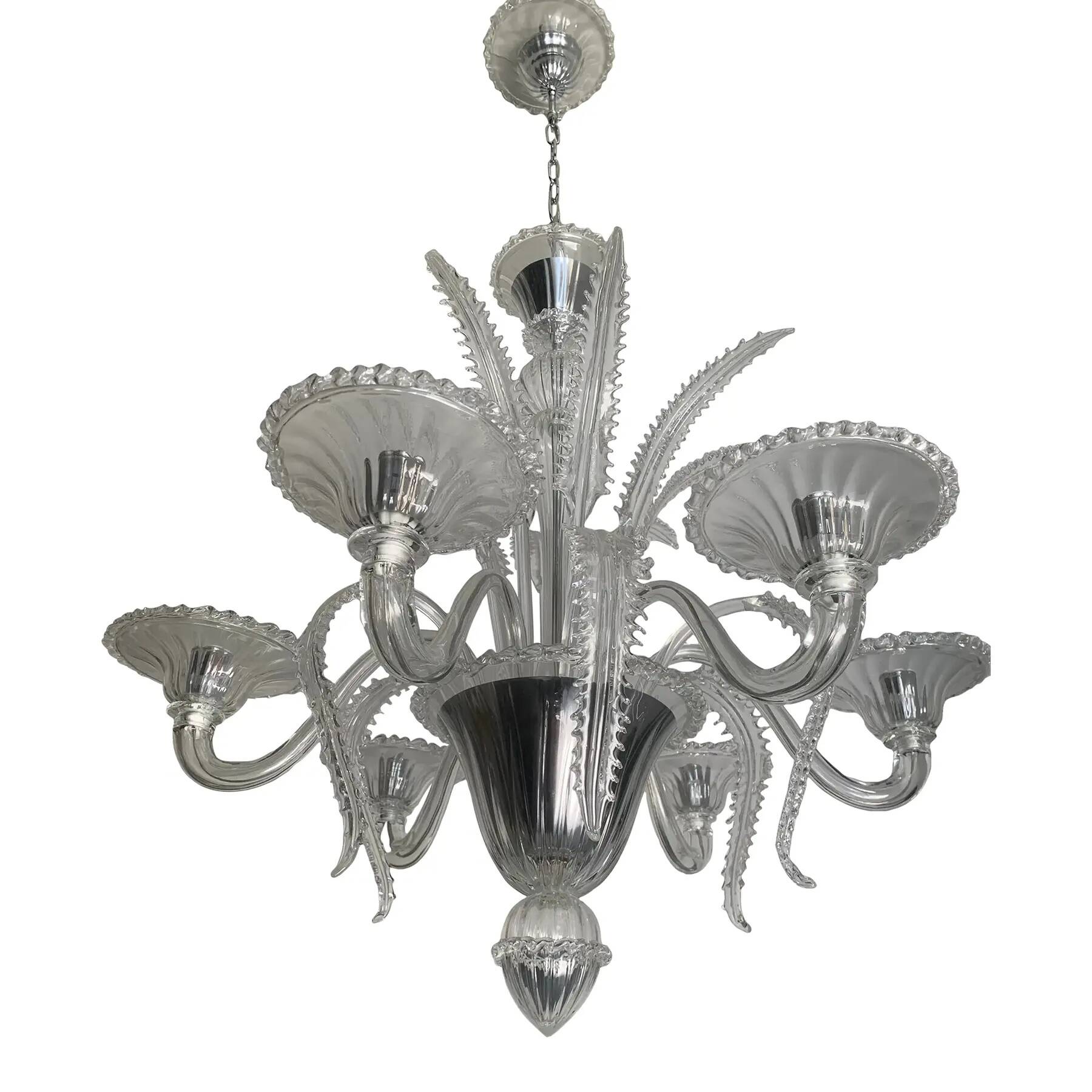 Transparent Murano-Style Venetian Glass Chandelier Featuring Fern (“Felci”)